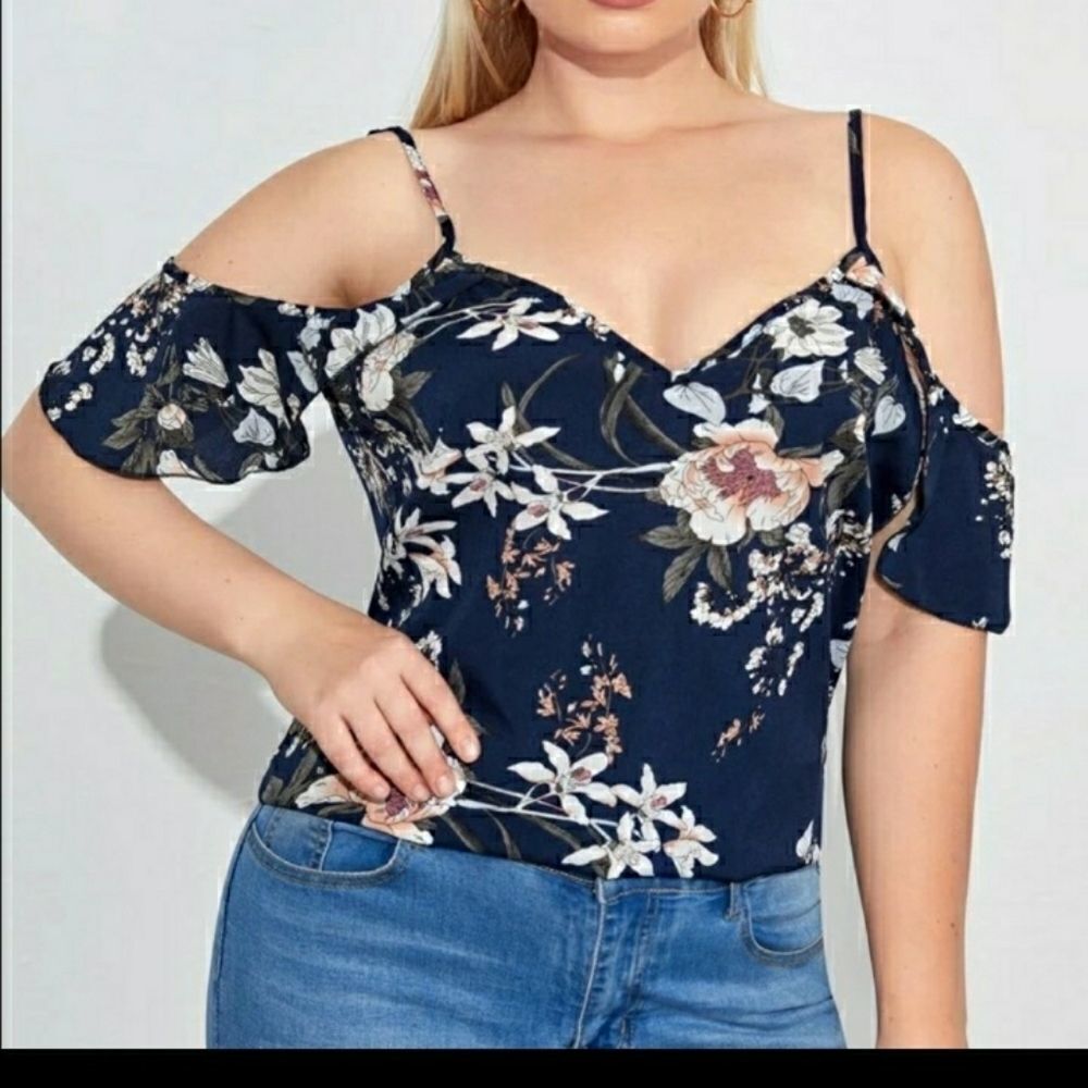 V-neck Spagetti strap cold shoulder Top Plus sz 16 18  ladies floral navy